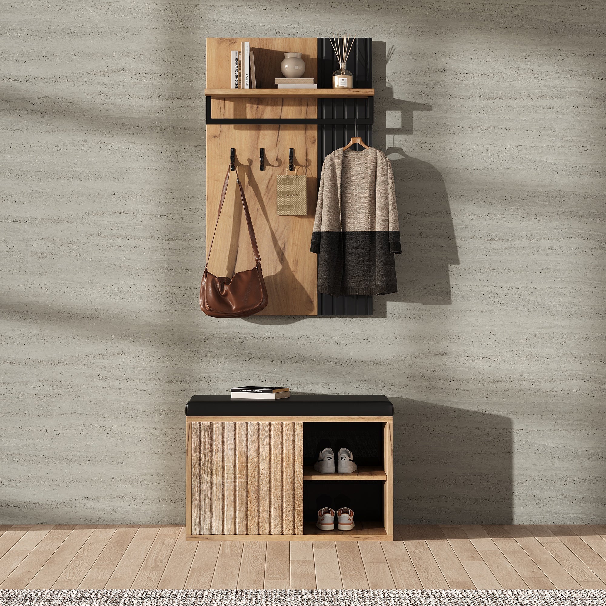 Shoe Cabinet Bench Hallway Furniture 2 Doors 3 Hooks Black and Natural Color