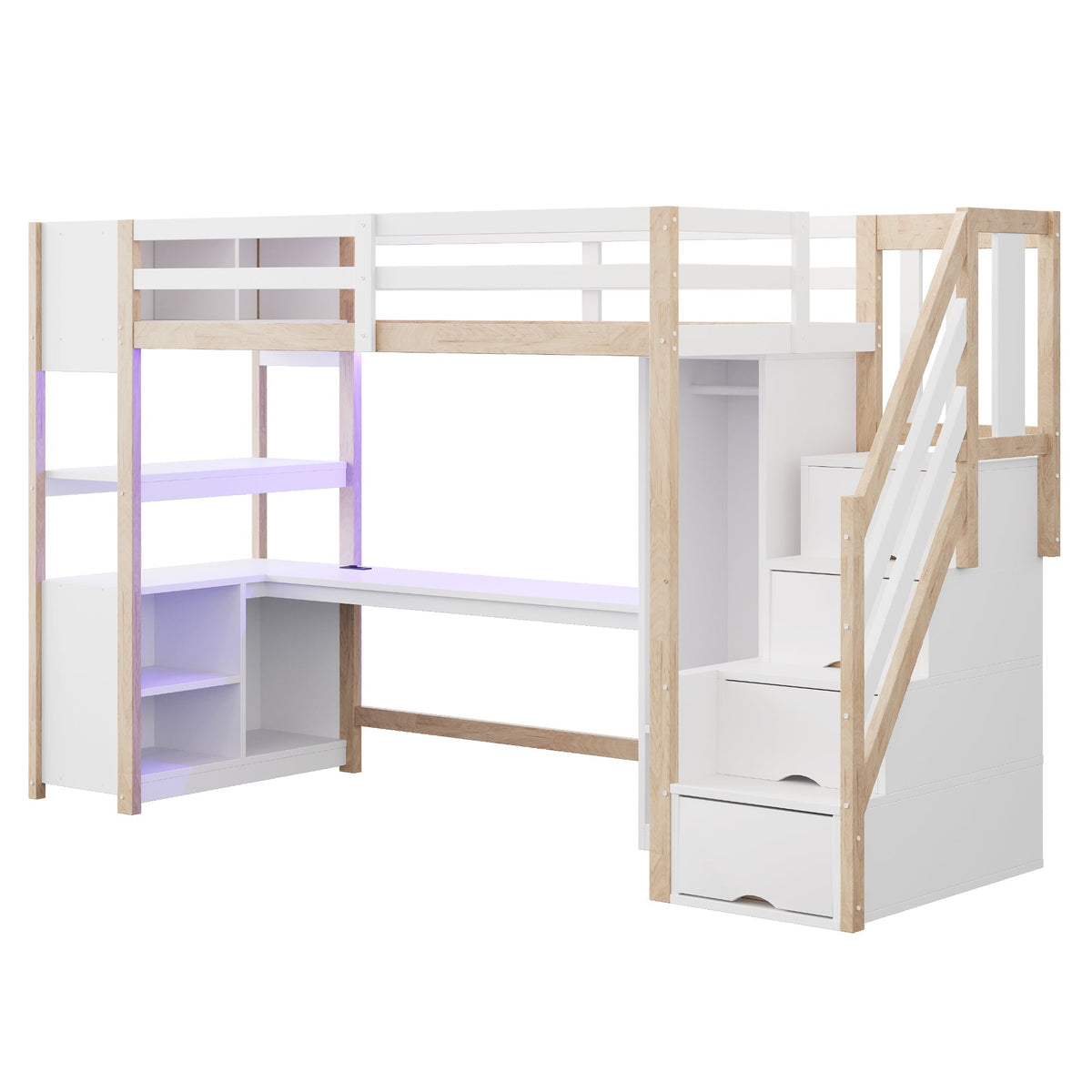 Wooden Loft Bed 90x200cm Wardrobe Desk Storage Stairs LED Sockets Wood Color