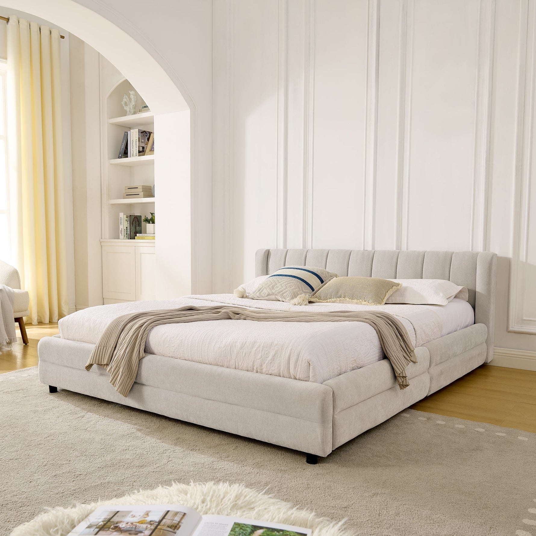 Double Bed 160x200cm Storage USB Charging Port Soft Chenille Beige