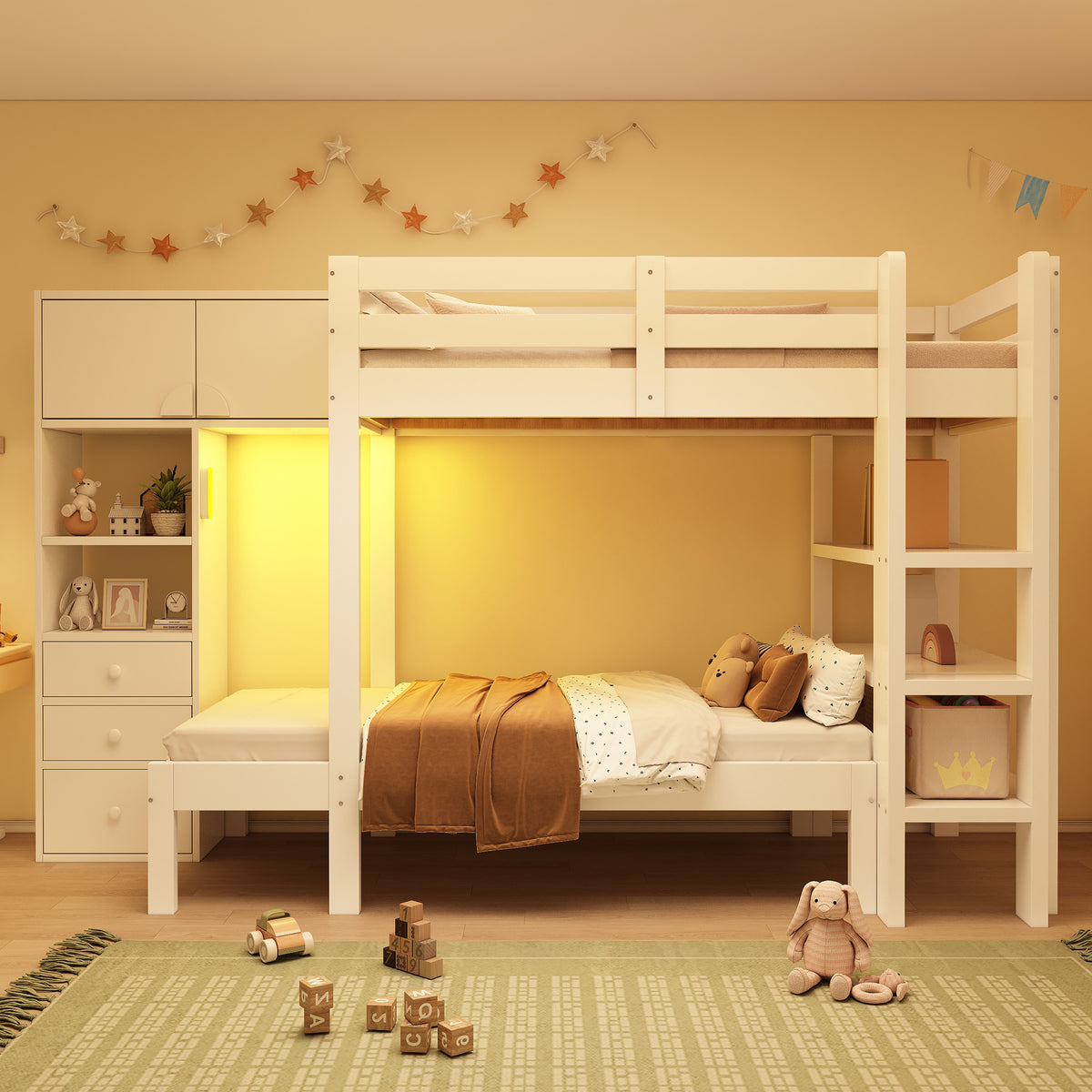 Bunk Bed 90x200 cm with Wardrobe & Storage Drawers, White