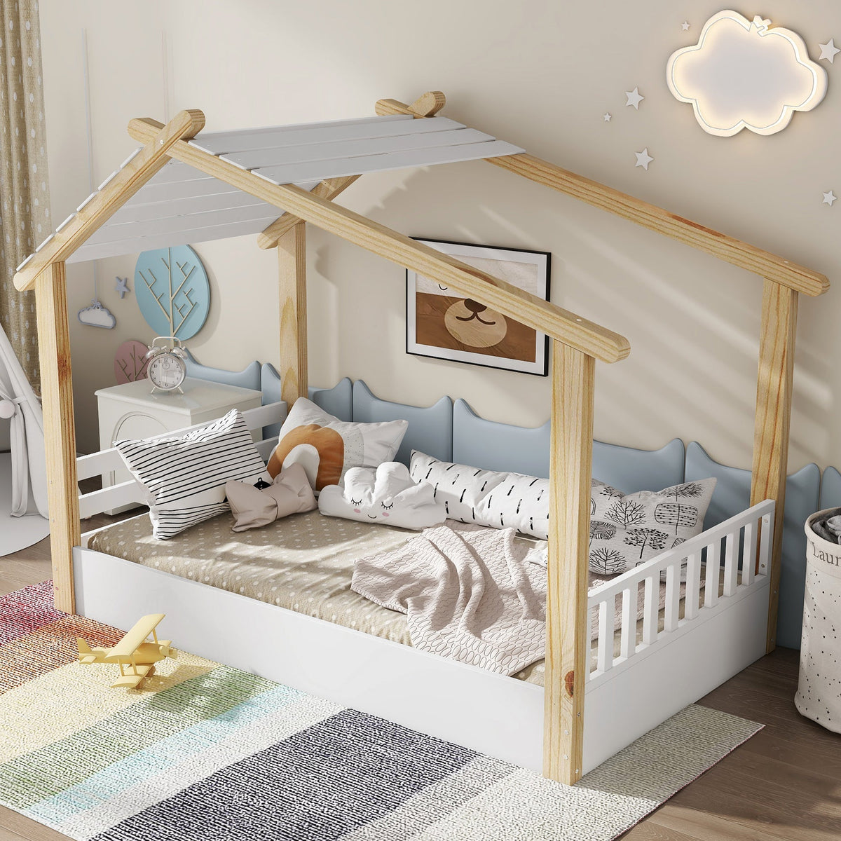 Wooden Bed, House Design Single with Slatted Frame, Pine & MDF White & Natural