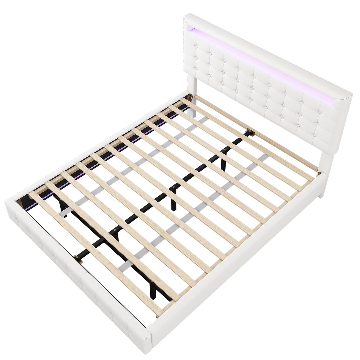 Flatbed Bed 140x200cm with LED & Adjustable Headboard, White PU