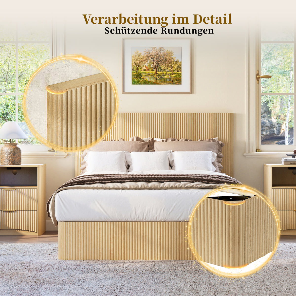 Modern Storage Bed 140x200cm with Hydraulic Lift, Light Oak