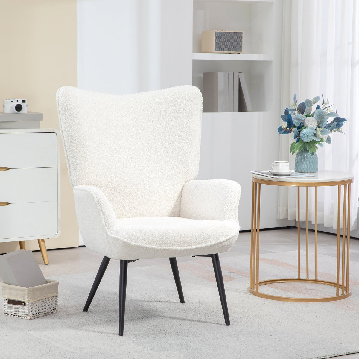 Wingback Chair, Recliner with Armrests and Metal Legs, Cream White