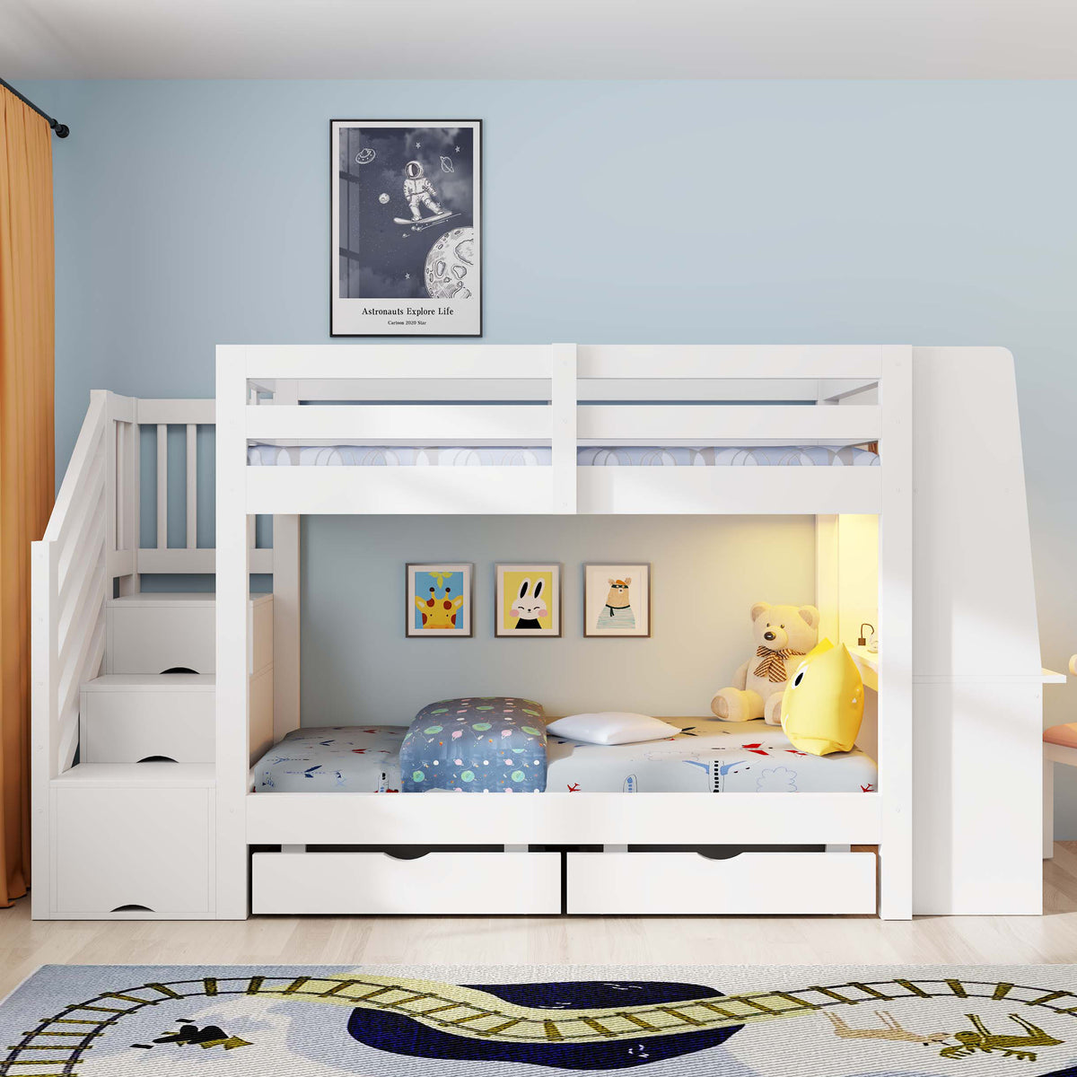 Children's Bunk Bed 90x200cm with Desk & Storage, White Wood