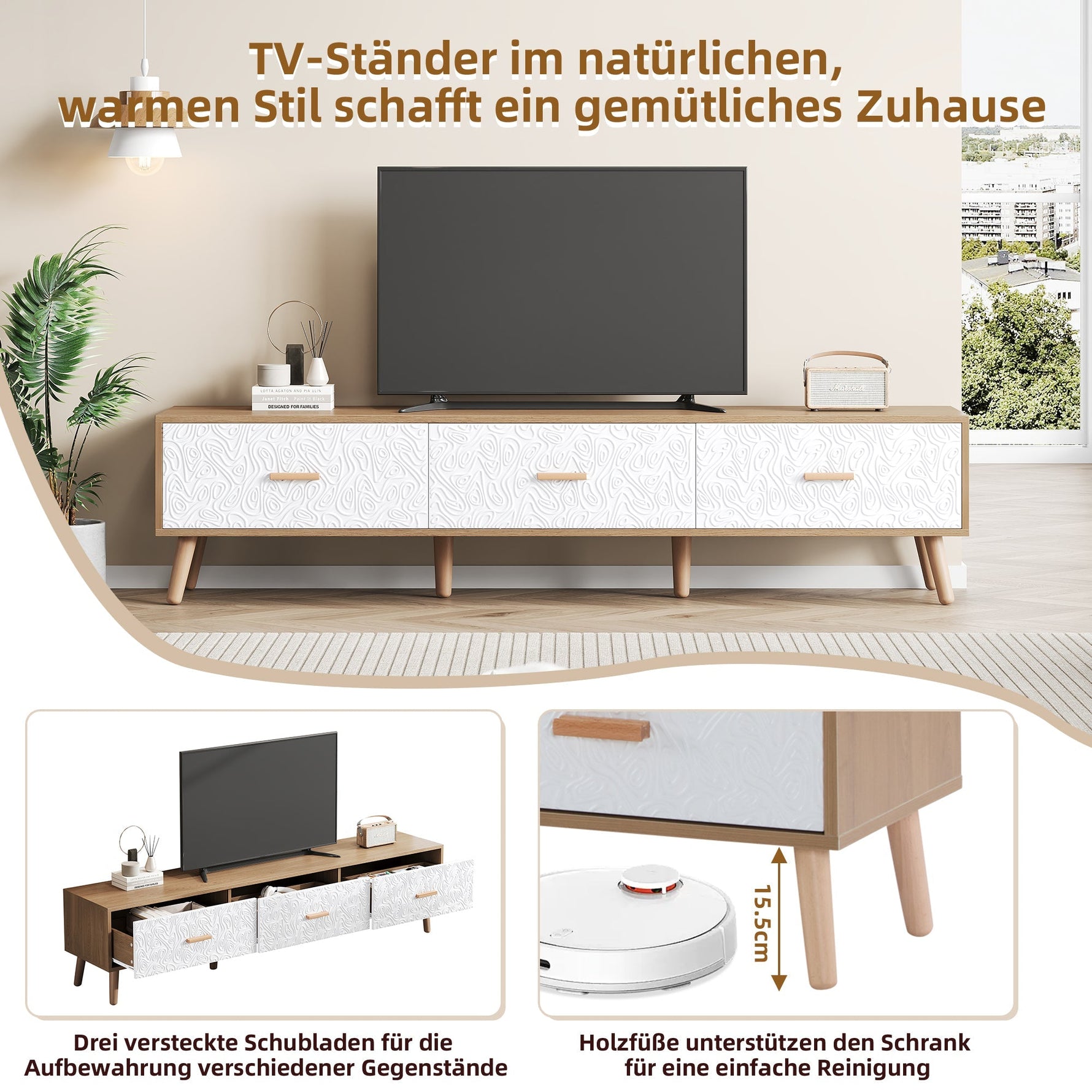 Vintage TV Low Panel Wooden Cabinet/Table 150*35*39cm, Light Wood/White