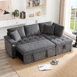 Modern L-shaped Sofa Bed, Pull-out Storage USB Charger Armrest Shelf, Grey
