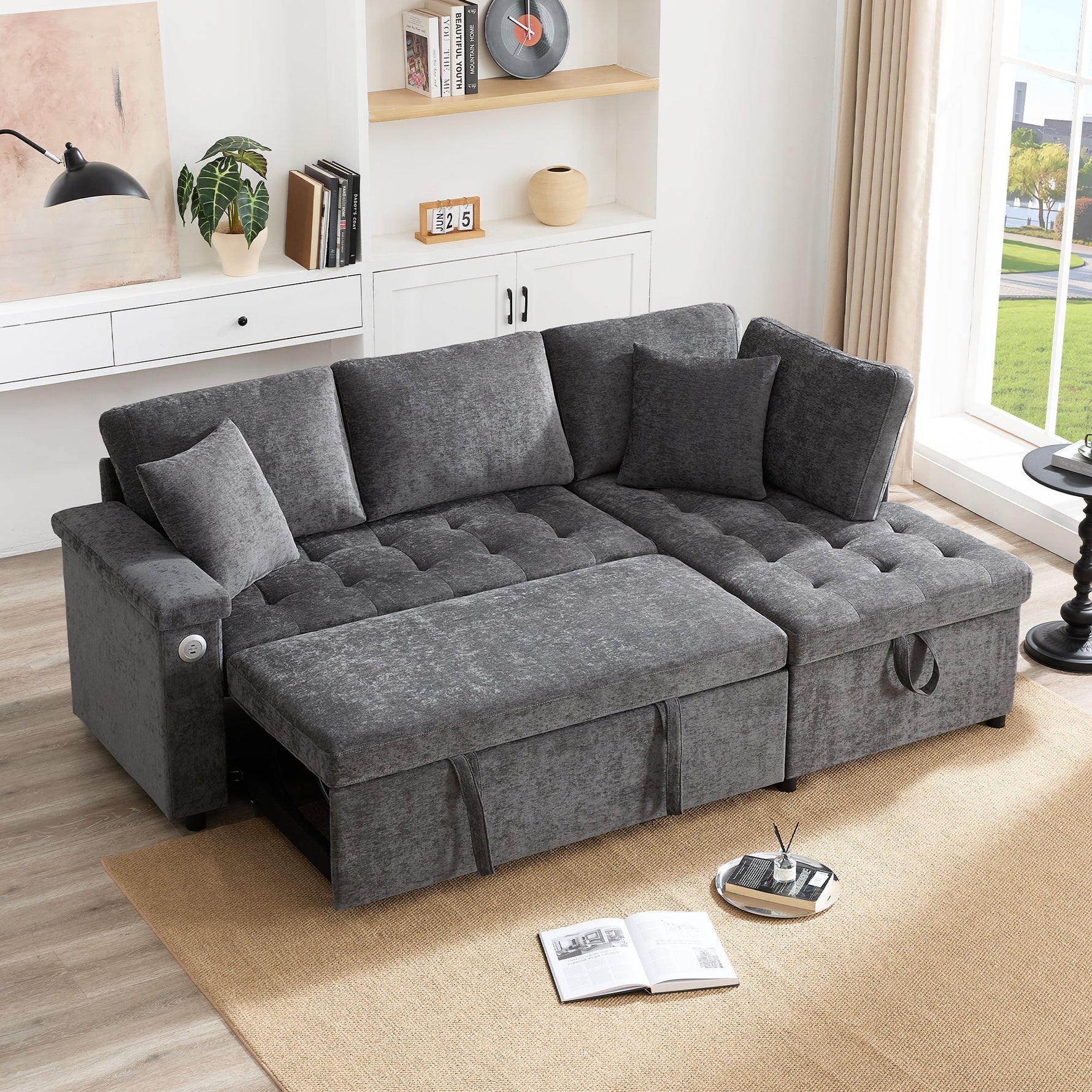 Modern L-shaped Sofa Bed, Pull-out Storage USB Charger Armrest Shelf, Grey