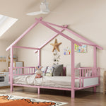 House Children's Bed Frame 90x200cm with Safety Rail, Pink Metal