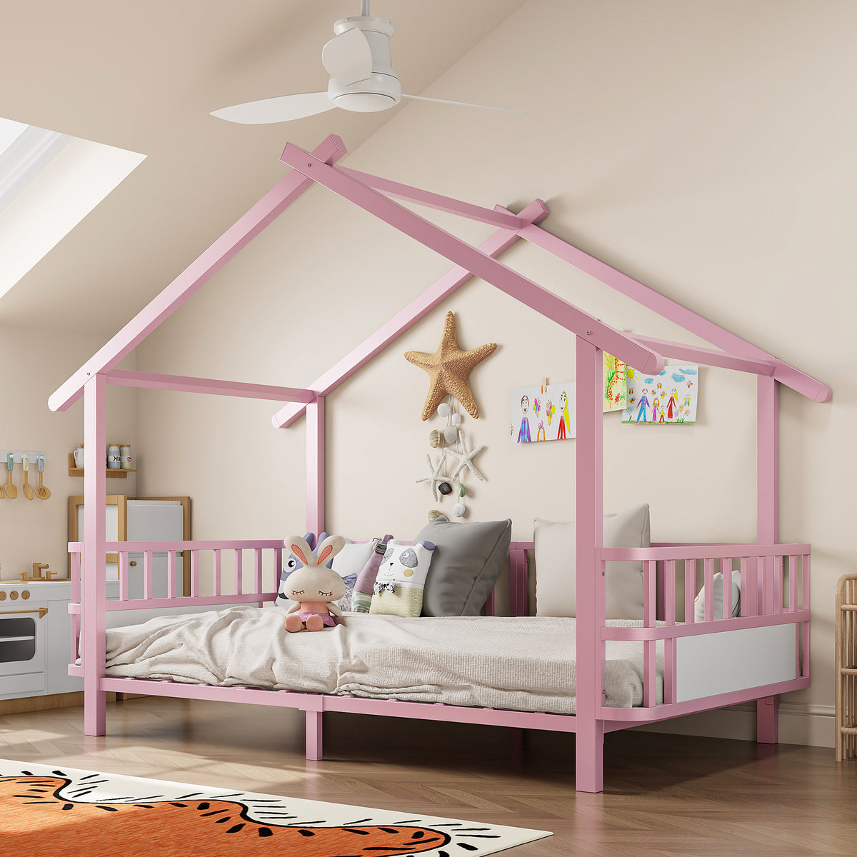 House Children's Bed Frame 90x200cm with Safety Rail, Pink Metal