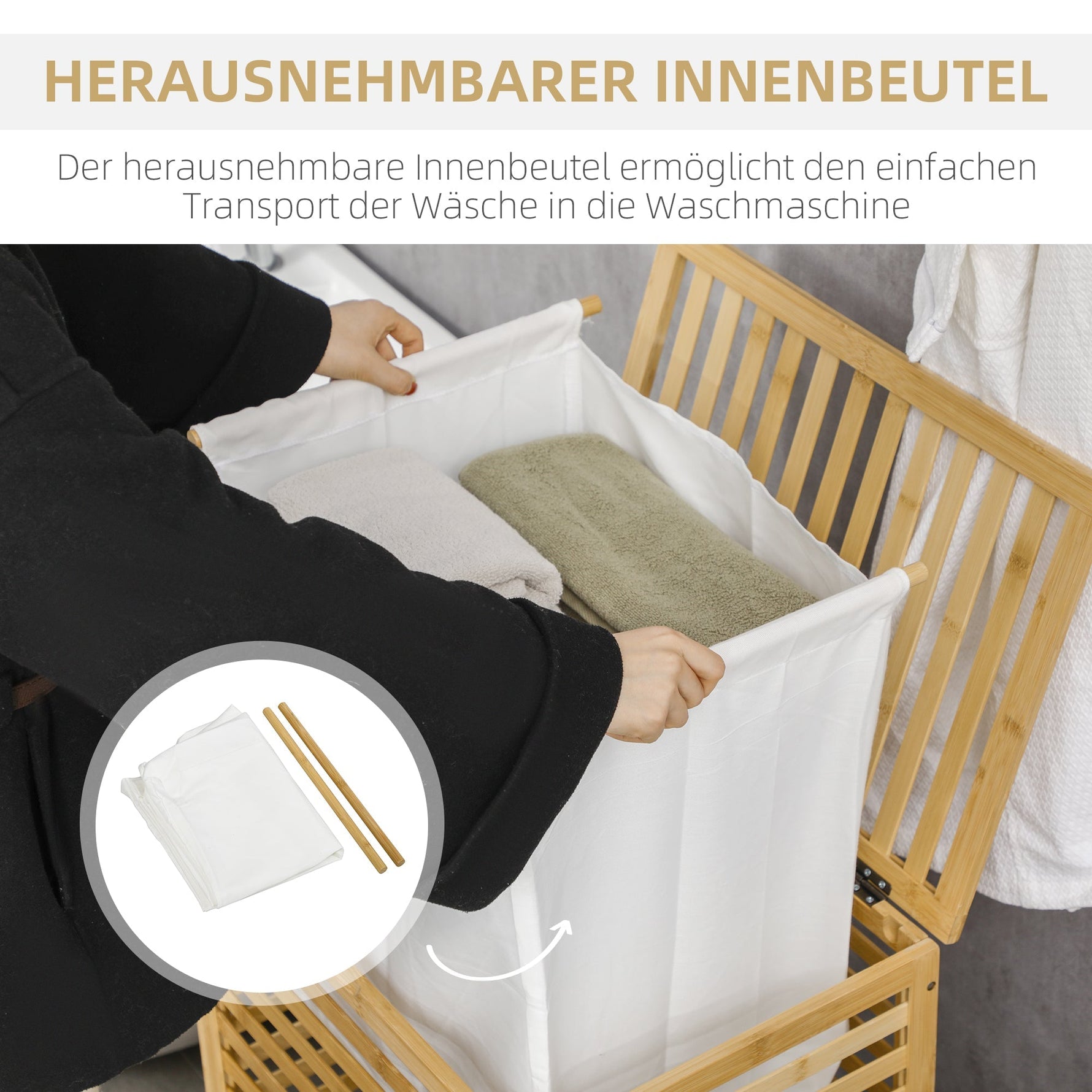 Laundry Basket 55L with Lid and Removable Bag, Bamboo
