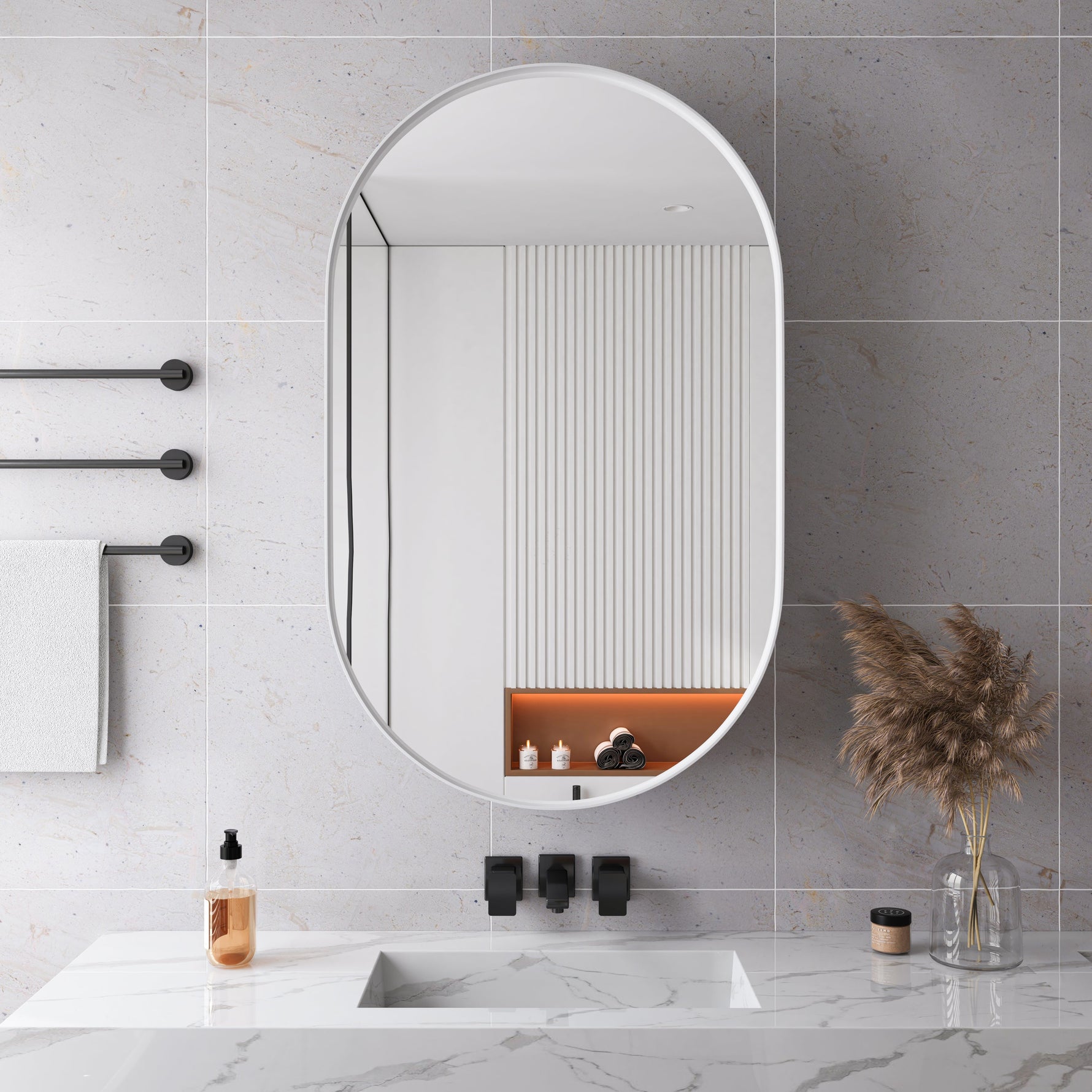Stylish Oval Mirror Cabinet with Storage & Adjustable Shelves, White