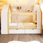Children's House Bed 90x200 with 2 Drawers & LED, White & Natural
