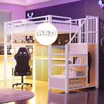 Metal Loft Bed 90x200cm with Light Strip Charging Socket Storage Ladder Wardrobe Desk White