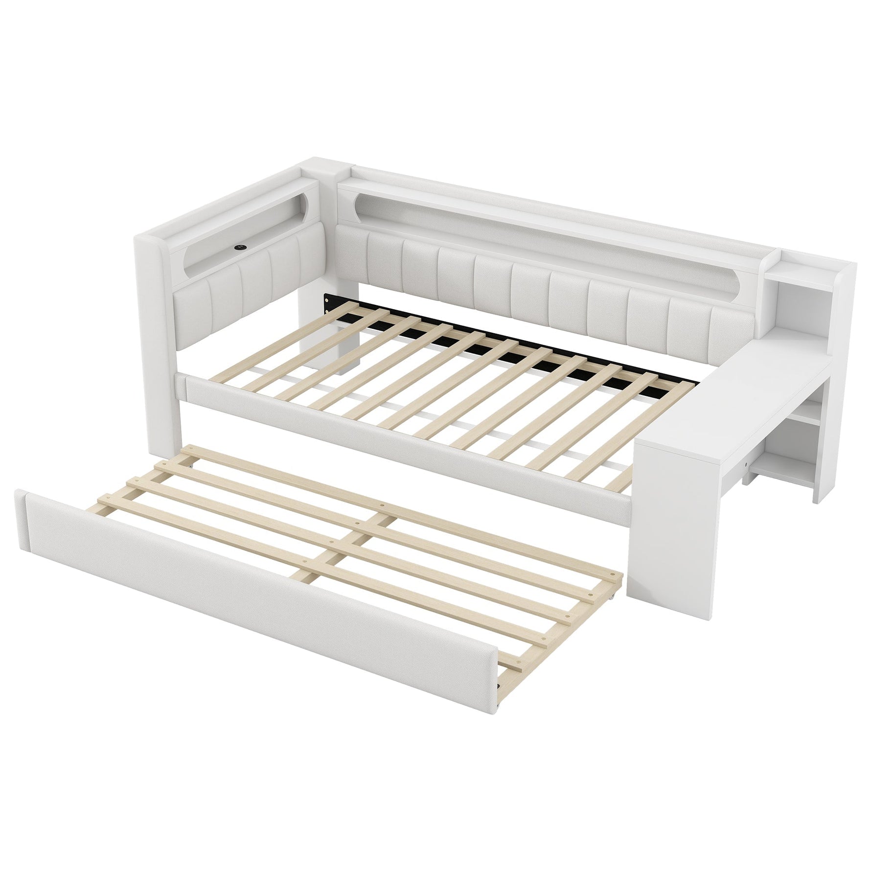 Daybed Upholstered 90x200cm Pull-out Bed Desk LED USB - White
