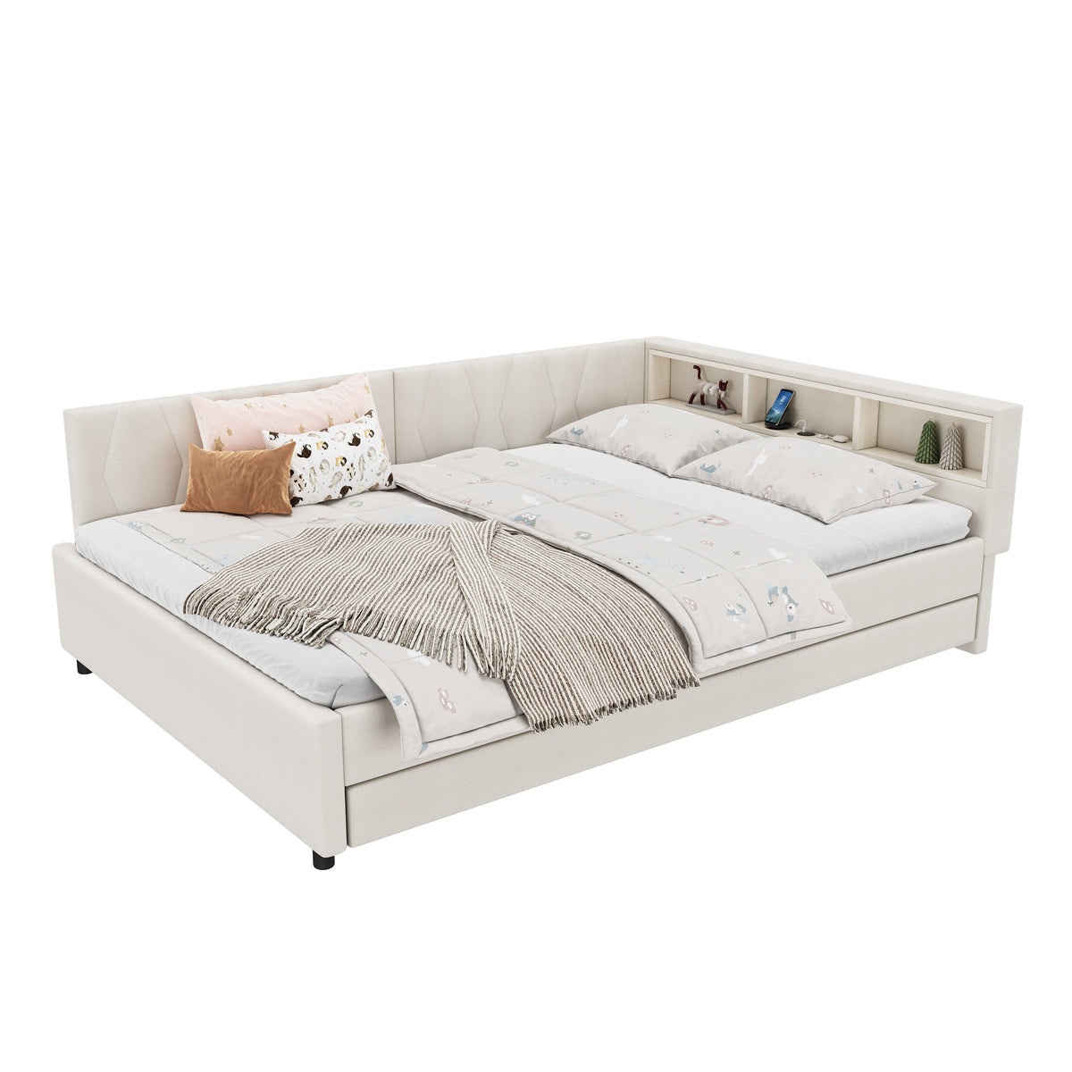 Daybed Sofa Bed 140x200cm Pull-out Bed Storage LED USB/Type-C - Linen Beige