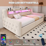 Upholstered Sofa Bed with Hydraulic Storage, LED Lighting and Charging Station, 90x200cm, Beige Velvet
