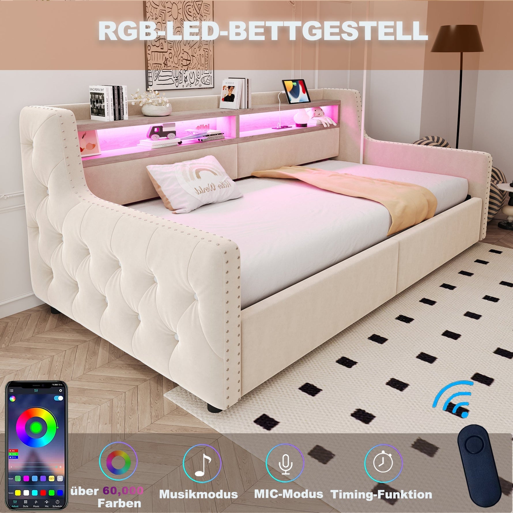 Upholstered Sofa Bed with Hydraulic Storage, LED Lighting and Charging Station, 90x200cm, Beige Velvet