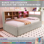 Sofa Bed 90*200, Pull-Out 90*190 with LED Lights, Sockets & Storage, Flannel Light Gray