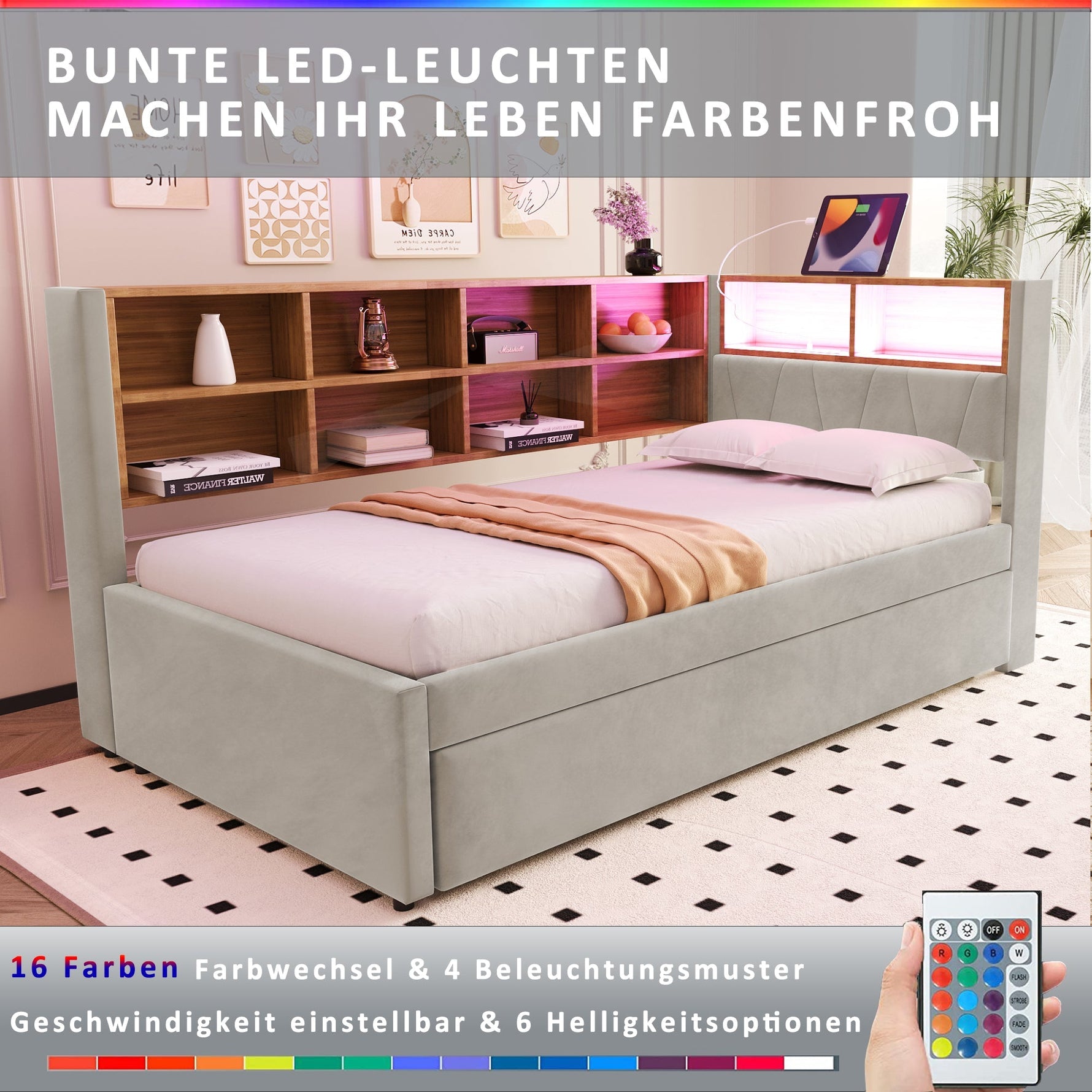 Sofa Bed 90*200, Pull-Out 90*190 with LED Lights, Sockets & Storage, Flannel Light Gray