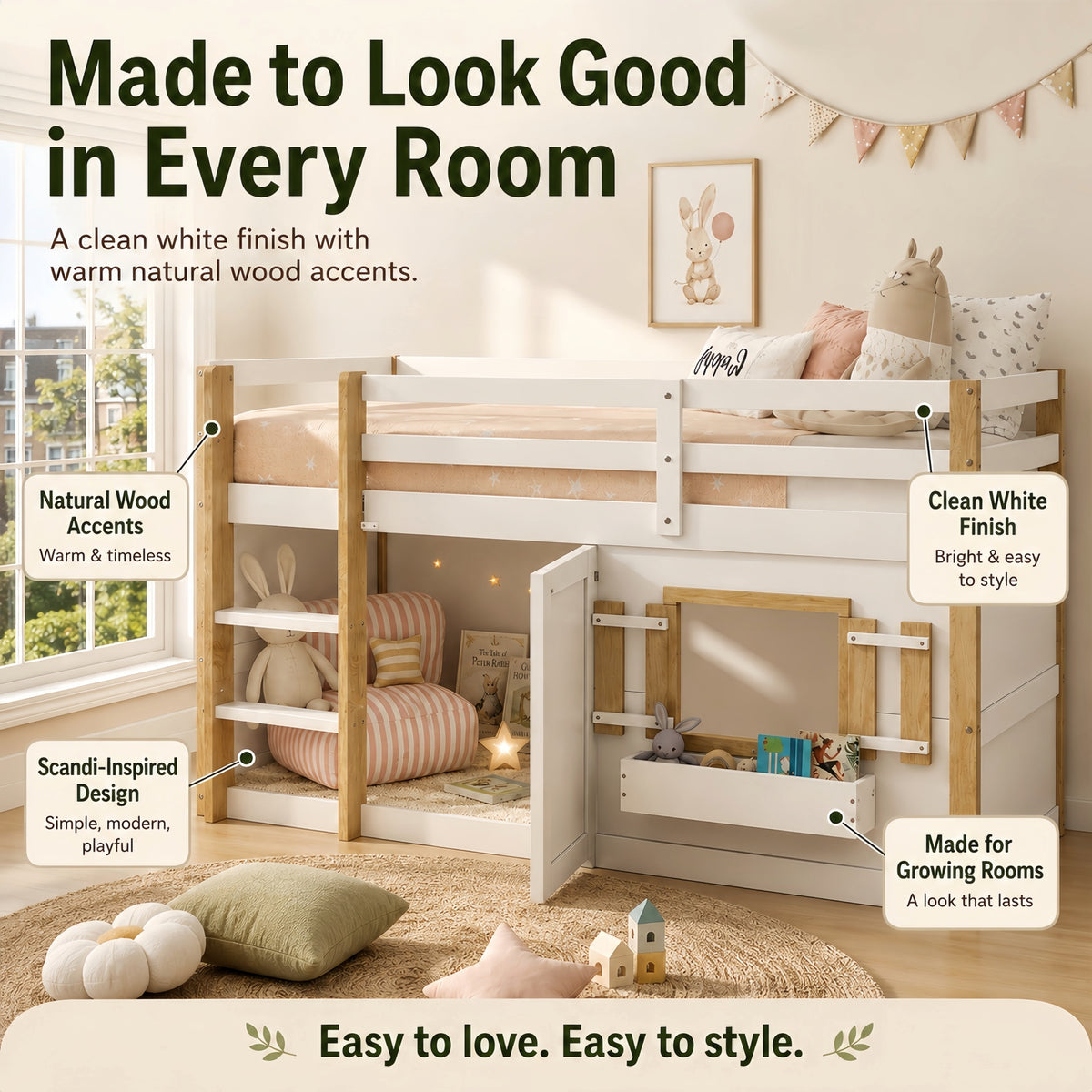 Children's Loft Bed 90x200cm with Ladder & Play Area White