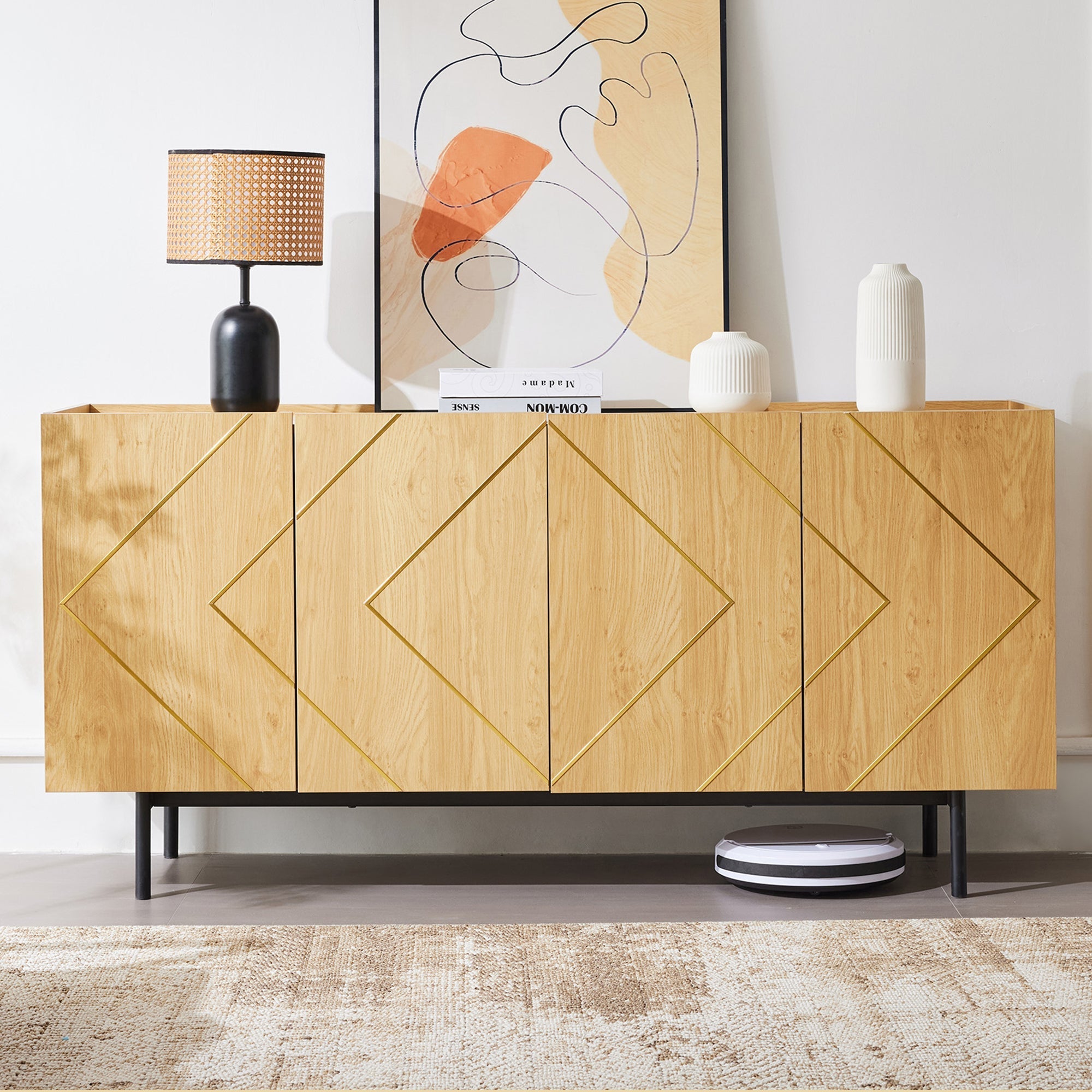 Sideboard living room buffet cabinet with 4 doors and metal inlay natural wood