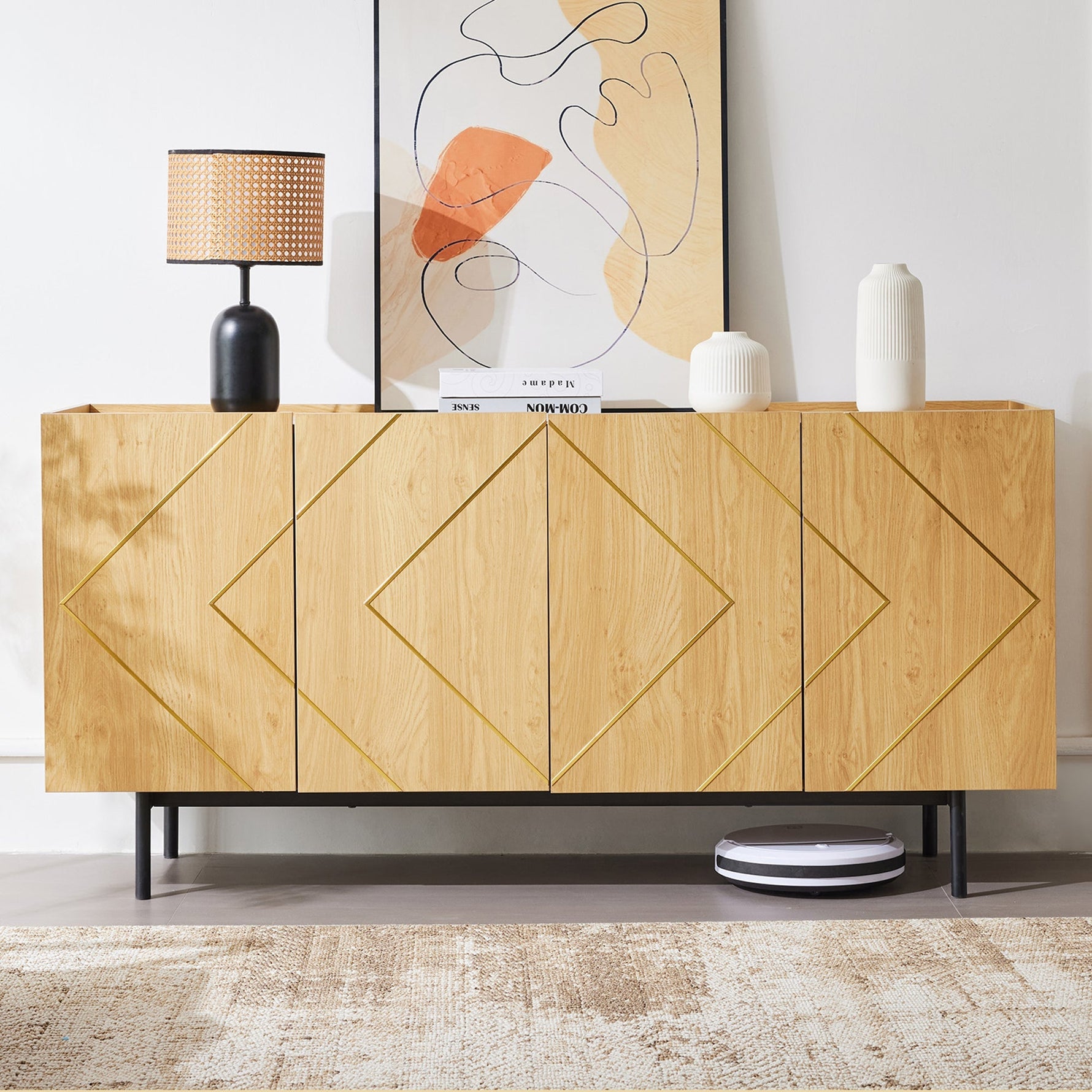 Sideboard living room buffet cabinet with 4 doors and metal inlay natural wood