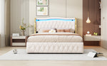 Upholstered Bed 160x200cm, LED Lighting, Hydraulic Storage, Velvet Fabric Beige