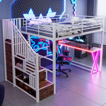 Loft Bed 140x200cm with Desk, Wardrobe & LED Lights, White