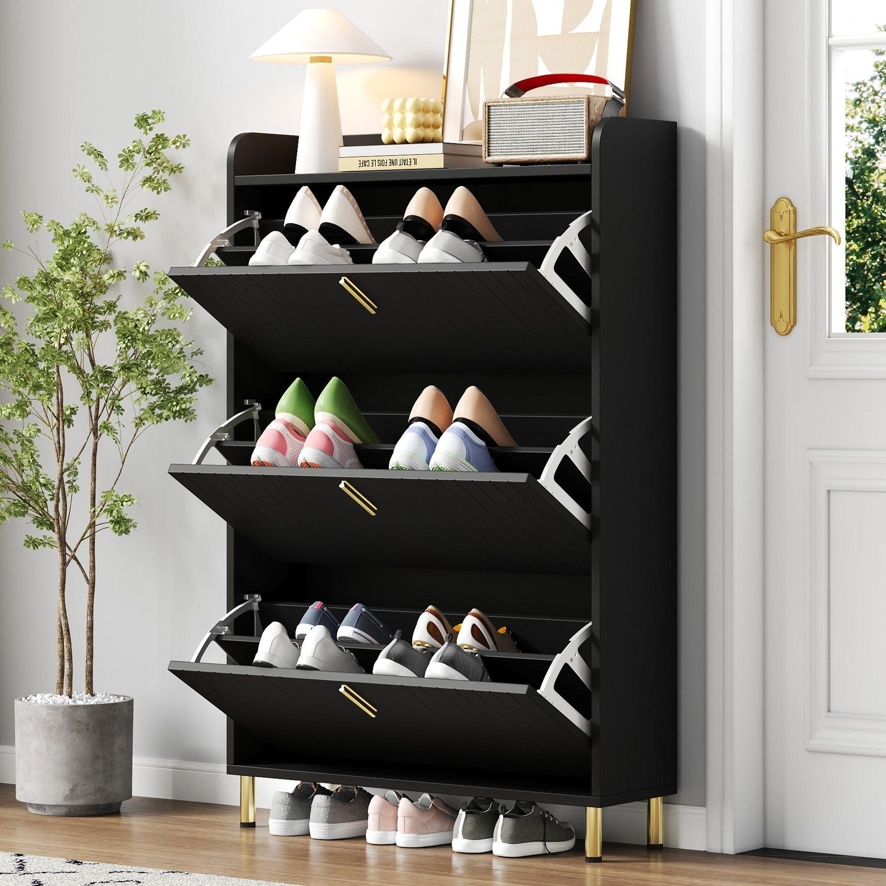 Shoe Cabinet 3 Doors 6 Adjustable Compartments Narrow Anti-tip Black
