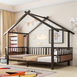 Children's House Bed 90x200cm with Safety Rail & Roof, Black Metal