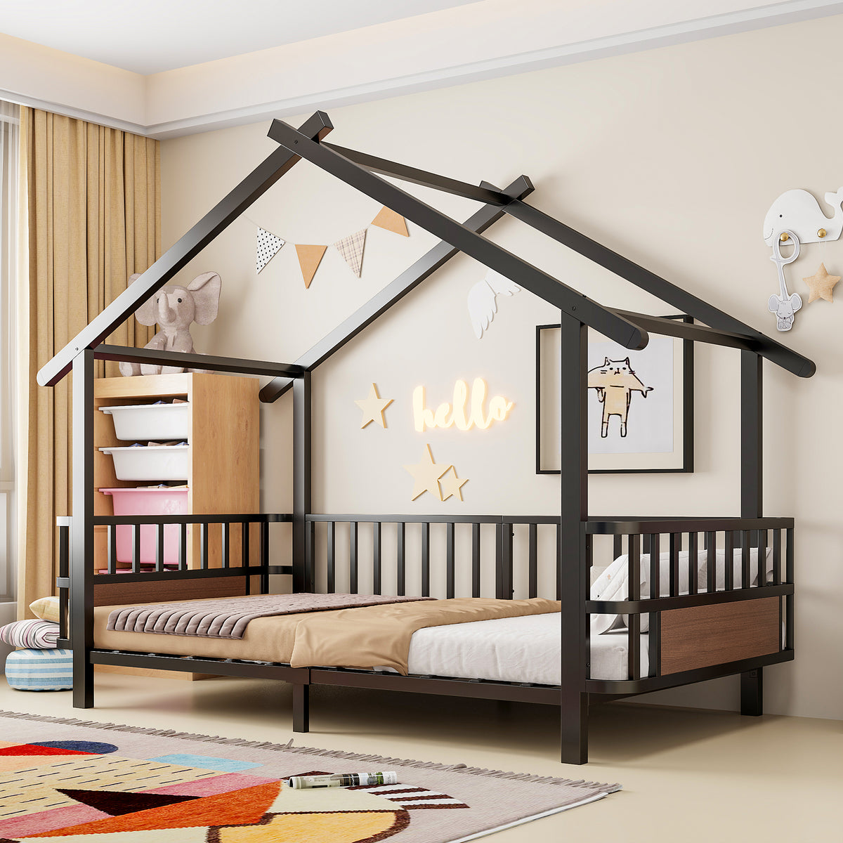 Children's House Bed 90x200cm with Safety Rail & Roof, Black Metal