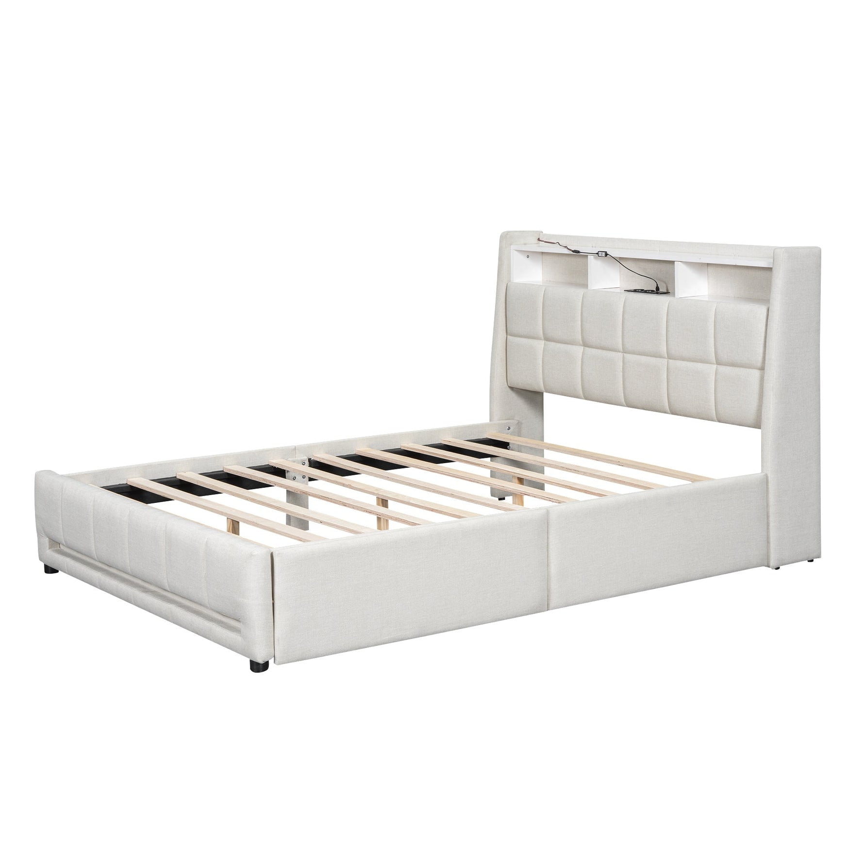 Upholstered Bed 140x200cm App Control LED Drawers USB/Sockets - Linen Beige