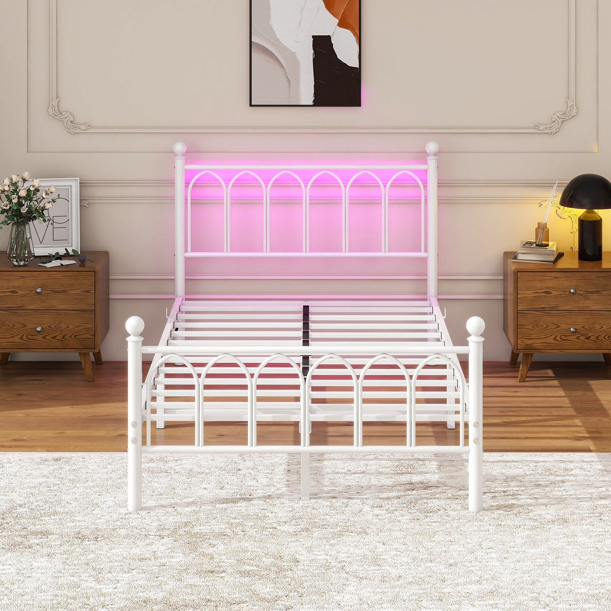 Metal Bed Frame 120x200cm, Vintage Headboard & Footboard with USB & LED, Heavy-Duty Steel, White