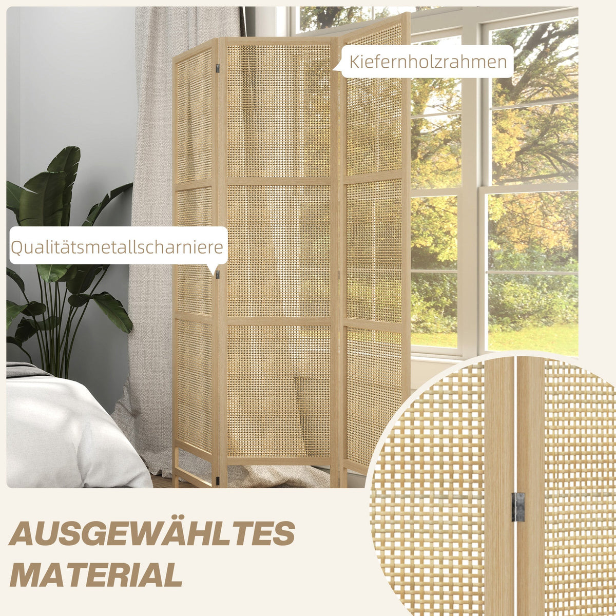 Folding Screen 3-Part Room Divider PP Rattan, Natural