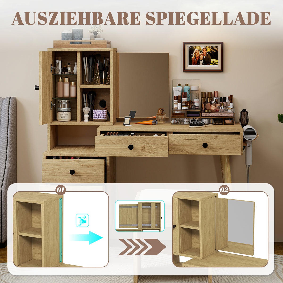 Modern Dressing Table with Retractable Mirror & Stool, Natural Wood