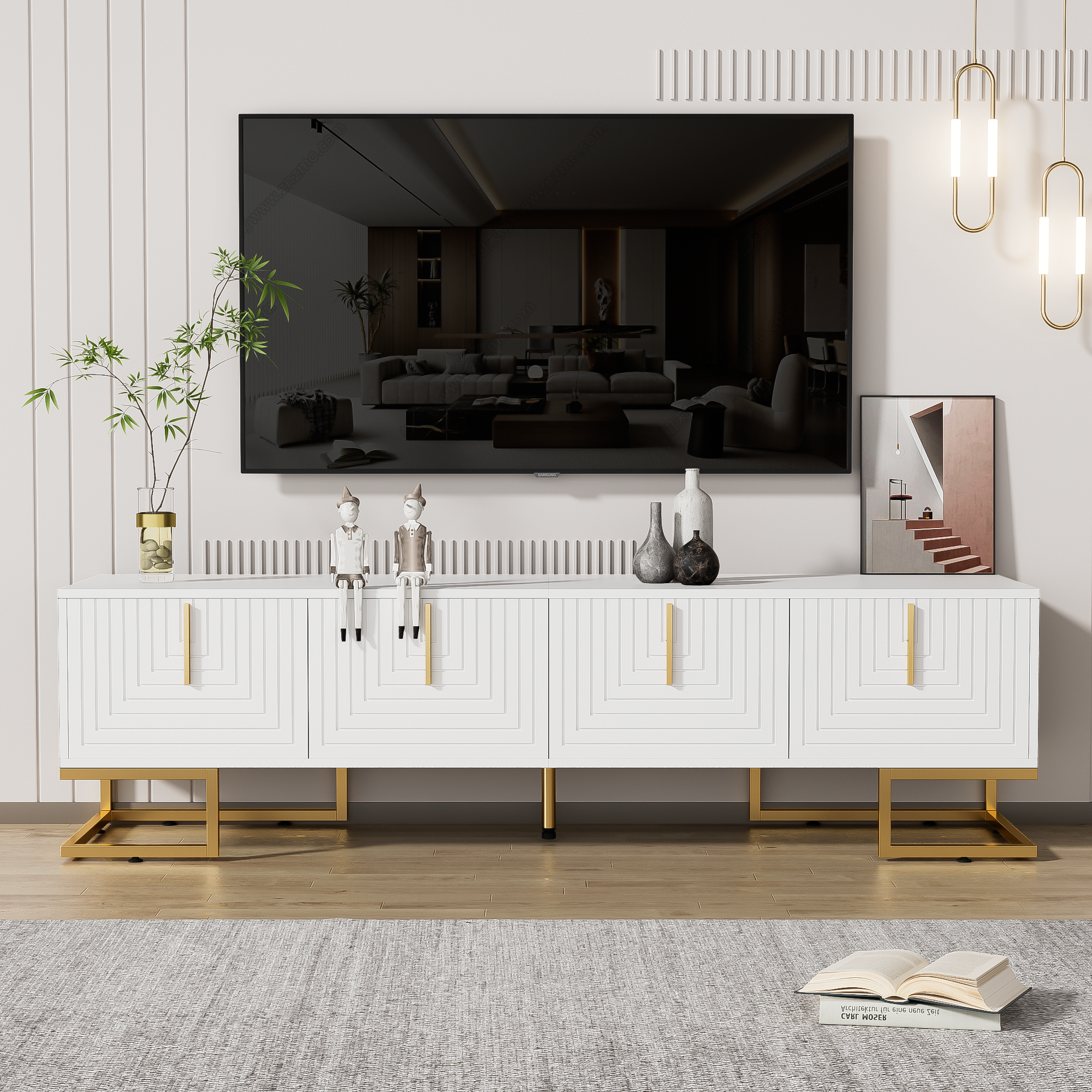 TV Cabinet Lowboard Textured Door Gold Handles and Feet