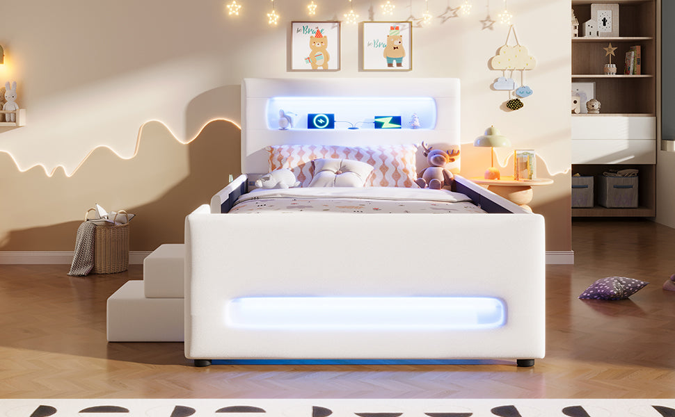 Upholstered Platform Bed 90x200cm Stairs Drawers LED USB Storage Pockets - White