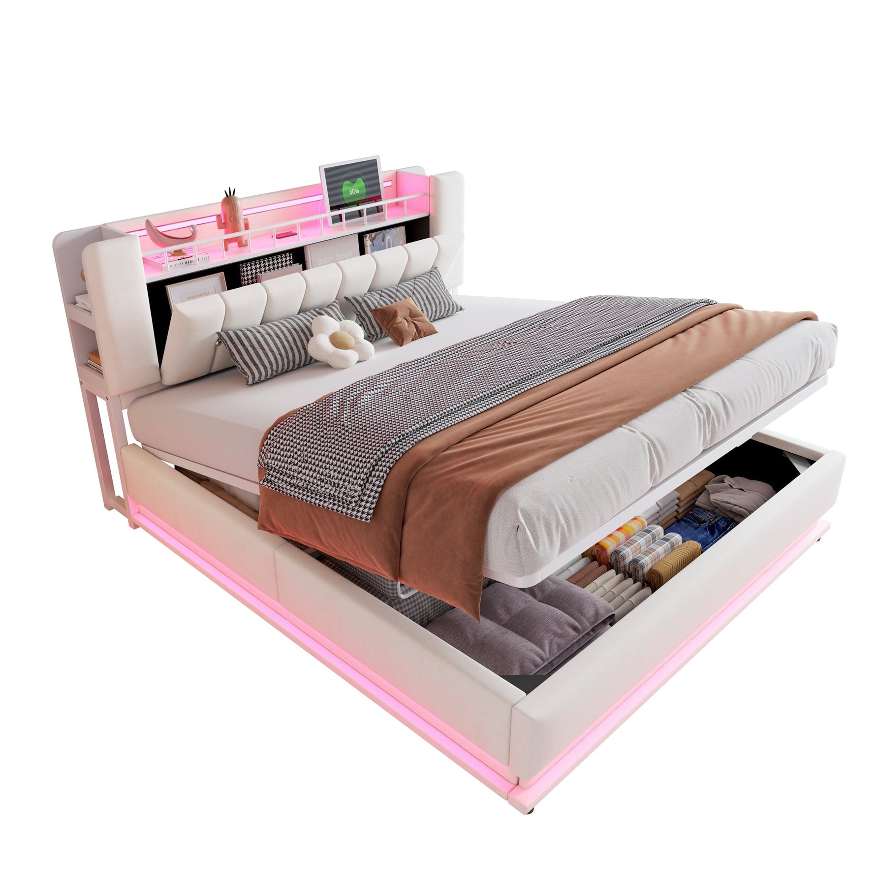 Smart Upholstered Bed with LED, USB and Hydraulic Storage, Beige Velvet
