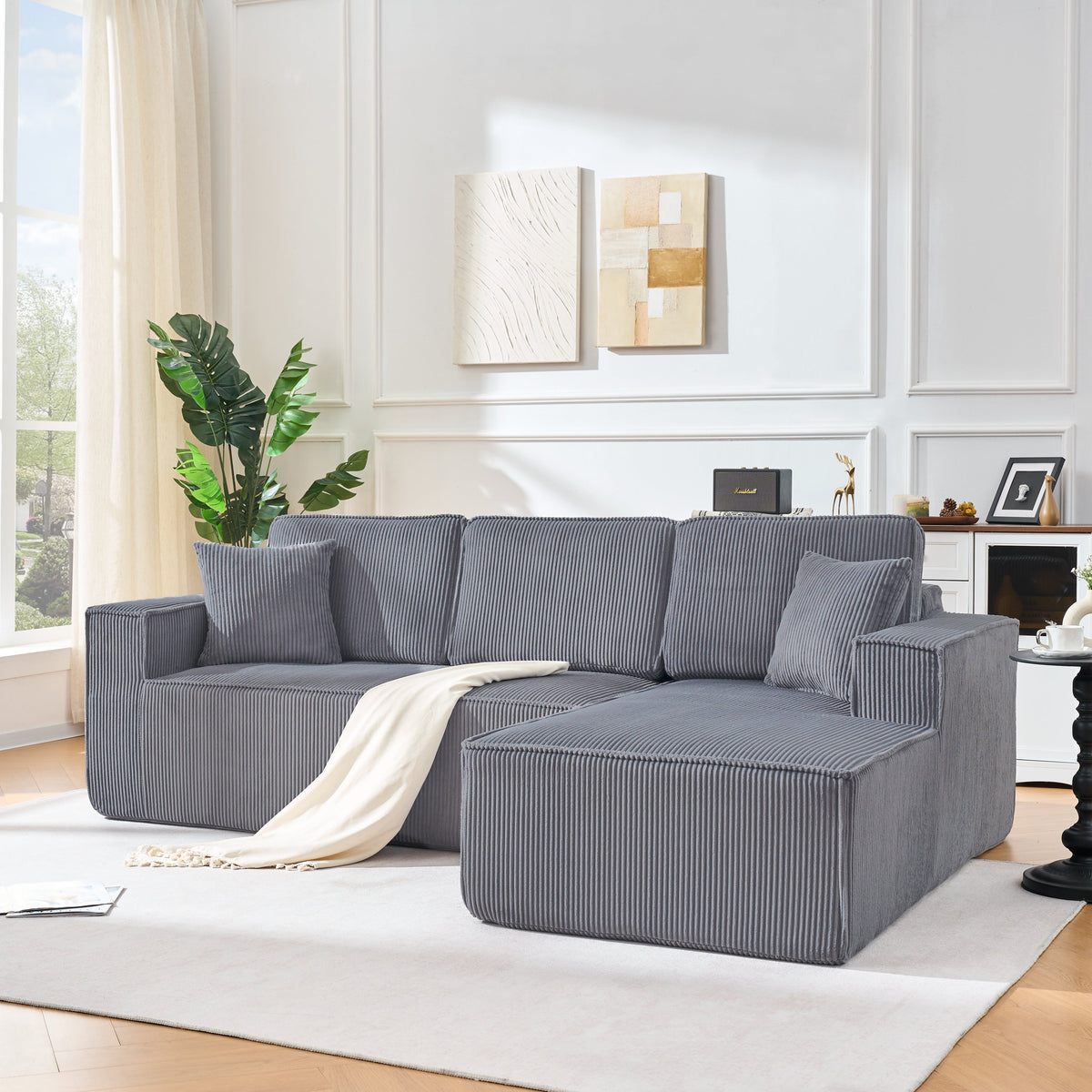 Modular L-Shaped Sofa with Chaise Longue and High-Density Foam, Gray Corduroy