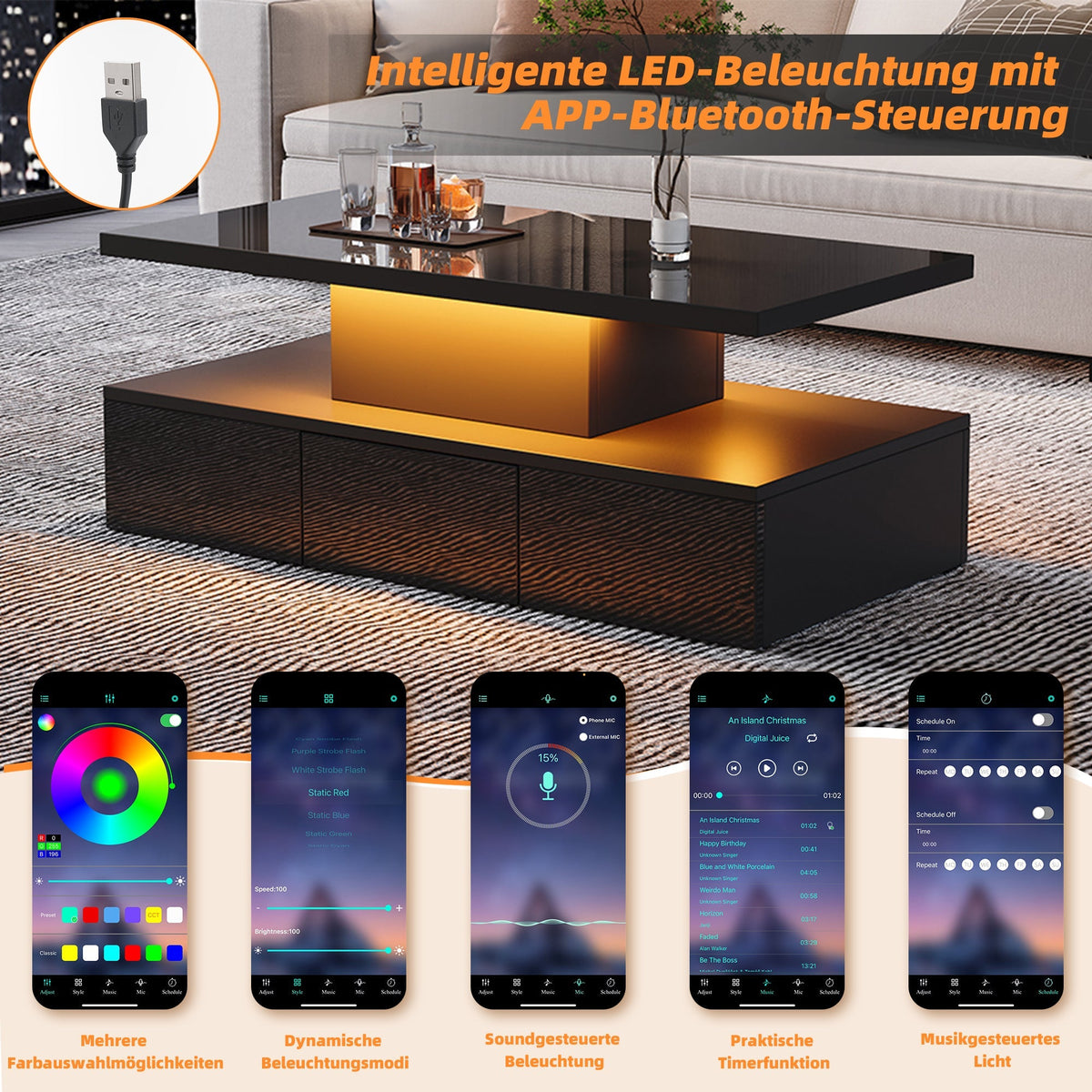 Two-tier Coffee Table 16-Color LED Light High-Gloss Storage Black