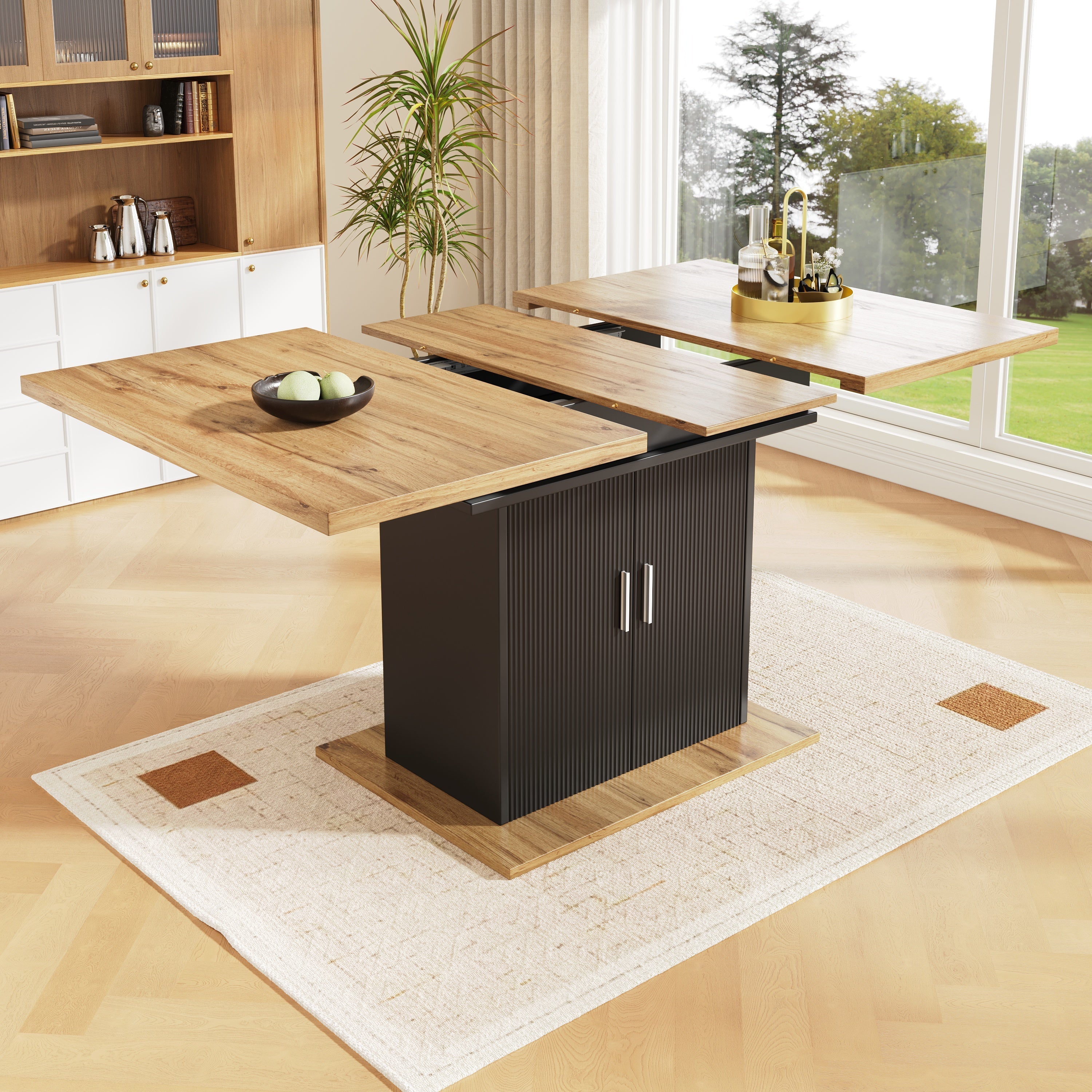Telescopic Extendable Dining Table 140x70cm Storage Shelf - Natural/Black