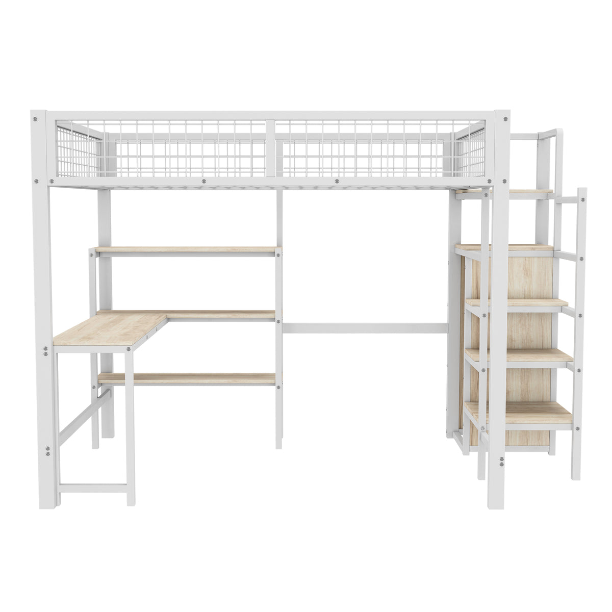 Loft Bed 140x200cm with Desk, Wardrobe & Shelves - White Iron