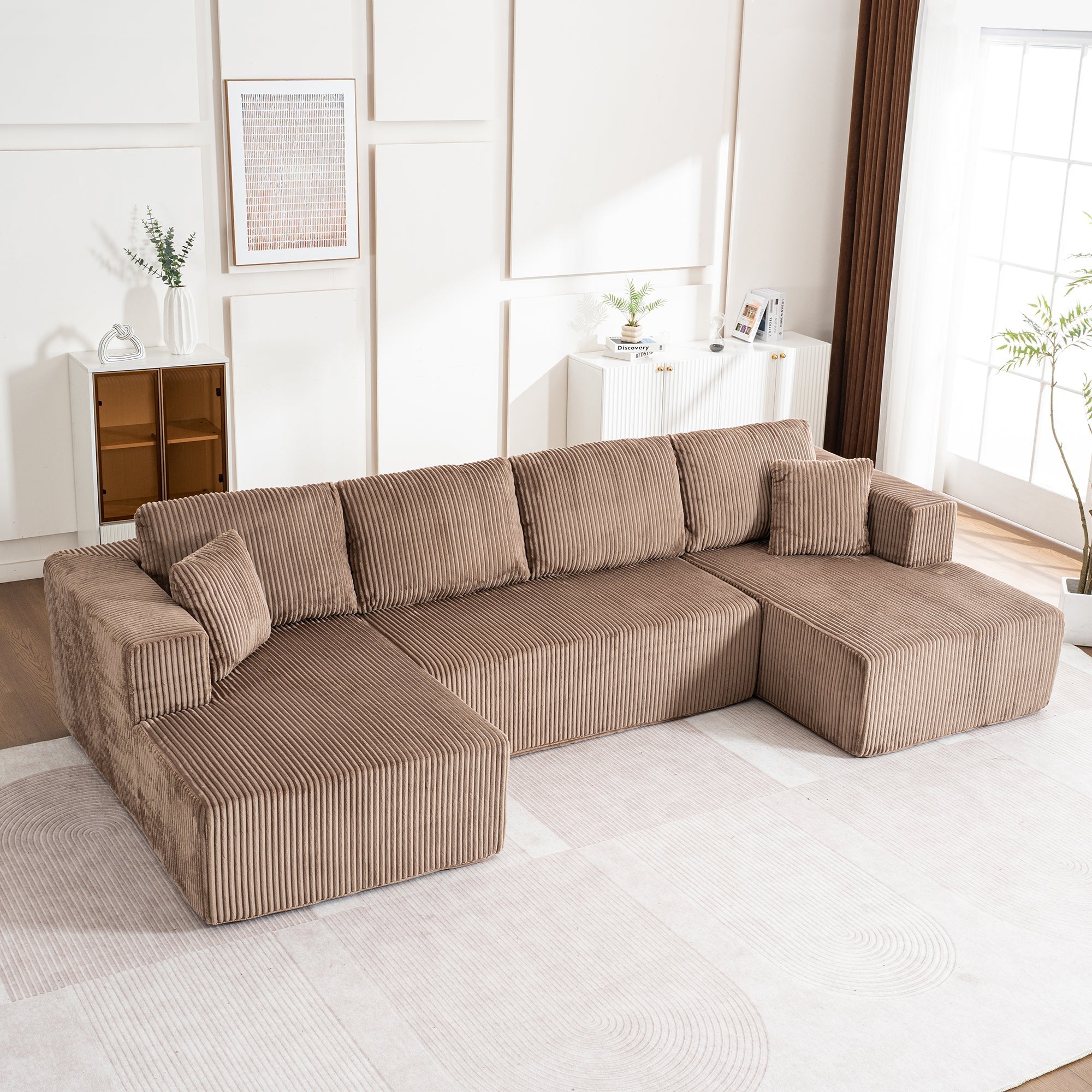 Modern U-Type Leisure Sofa with Modular Non-Assemble Design and Lounge Chairs, Lamp Fabric