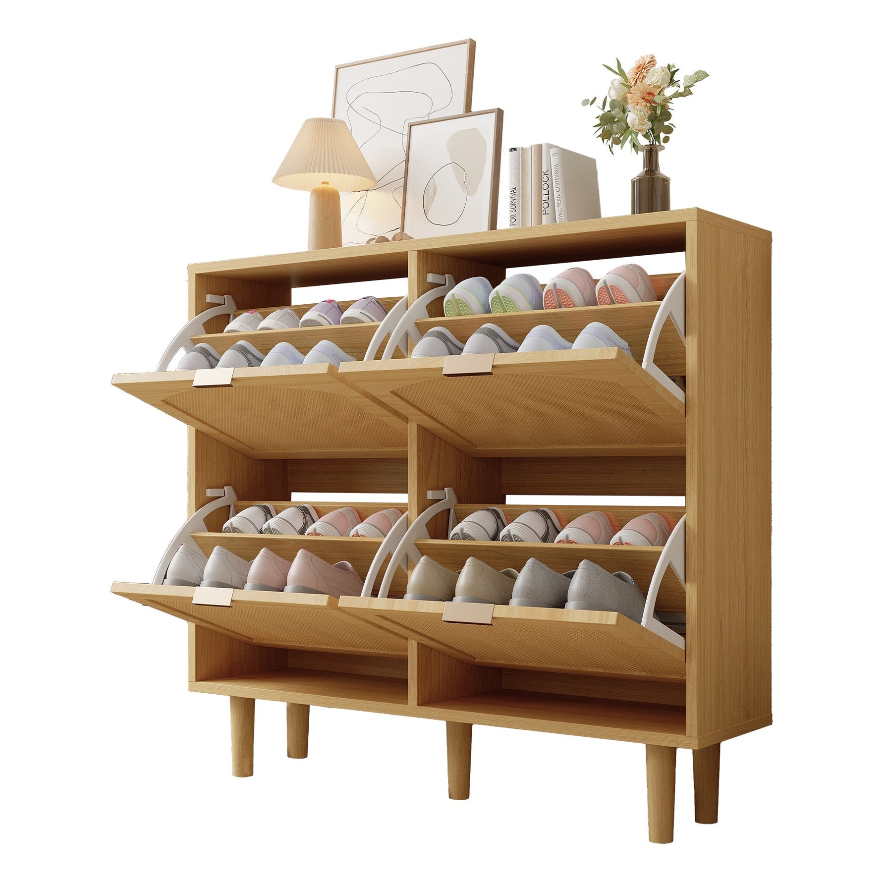 Shoe cabinet with 4 folding drawers, rattan and metal, wooden