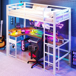 Loft Bed with Desk and LED Lights, USB Ports and Pegboard, White Iron Frame