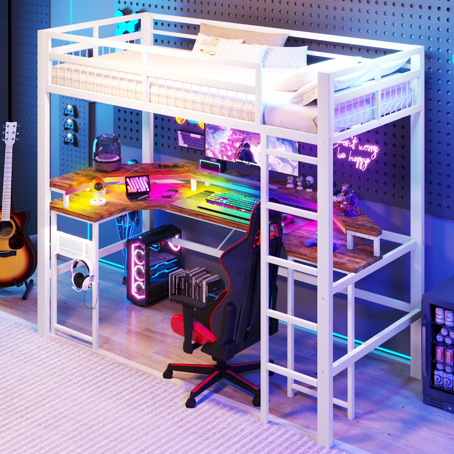 Loft Bed with Desk and LED Lights, USB Ports and Pegboard, White Iron Frame