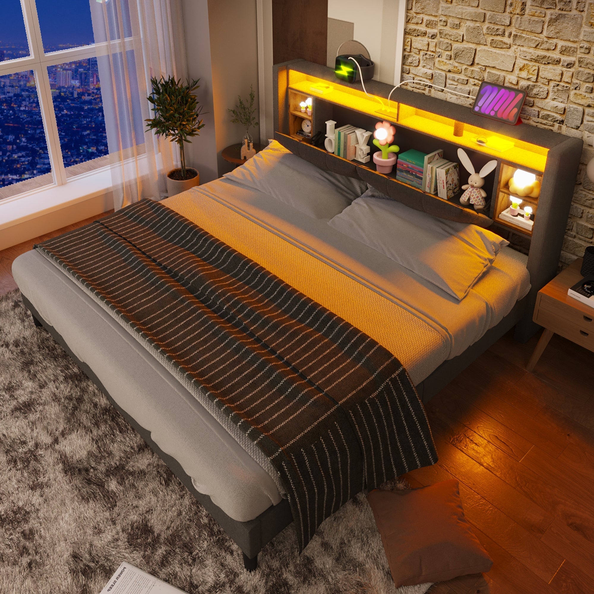 Upholstered Double Bed, Storage Headboard USB LED 160x200cm, Grey