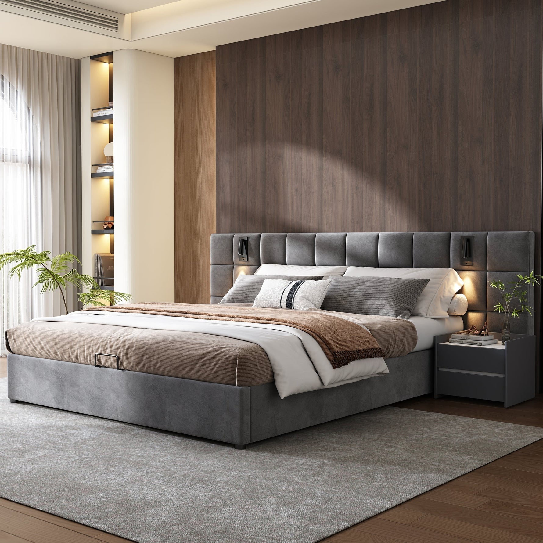 Upholstered Bed 160x200cm Hydraulic Storage Lamp USB - Velvet Grey
