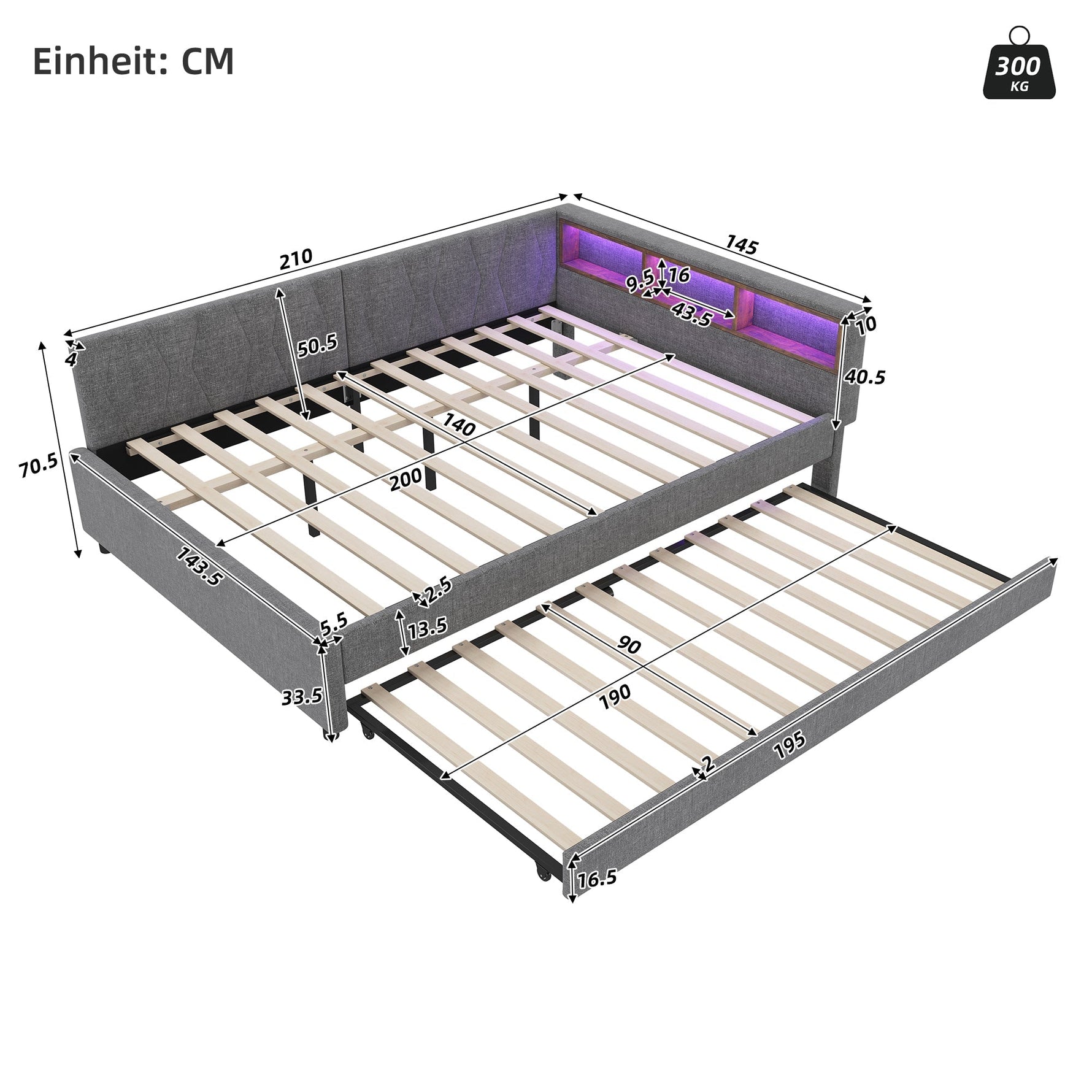 Daybed 140x200cm with Pull-out Bed, Storage, USB and LED, Grey Linen